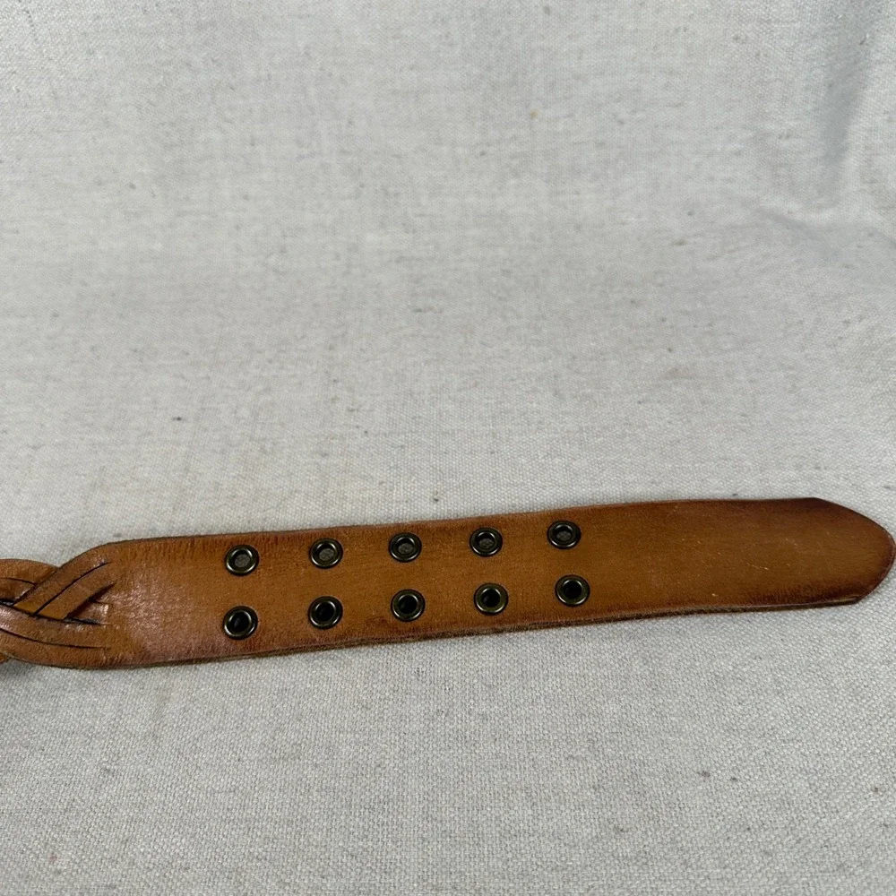 Vintage‎ Brown Braided Genuine Leather Belt XL Double Prong Buckle Wide Boho
